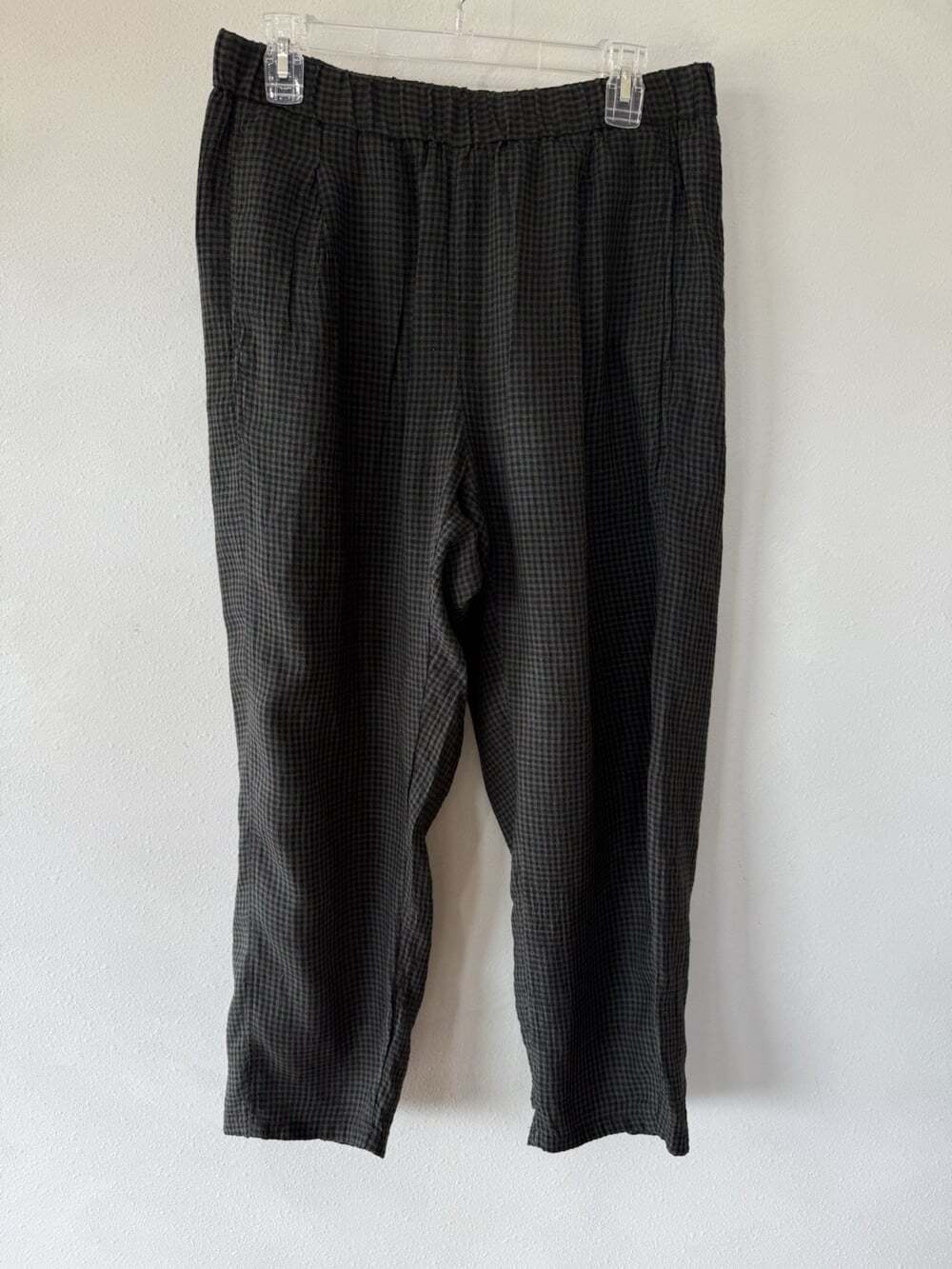 EILEEN FISHER Black Green Plaid Linen Pants Women’s Medium Straight Leg Relaxed
